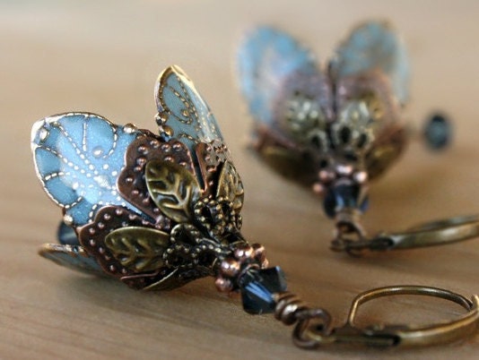 Mother's Day flower dangle earrings - blue, crystal, brass, romantic, weddings, bridal, bridesmaid