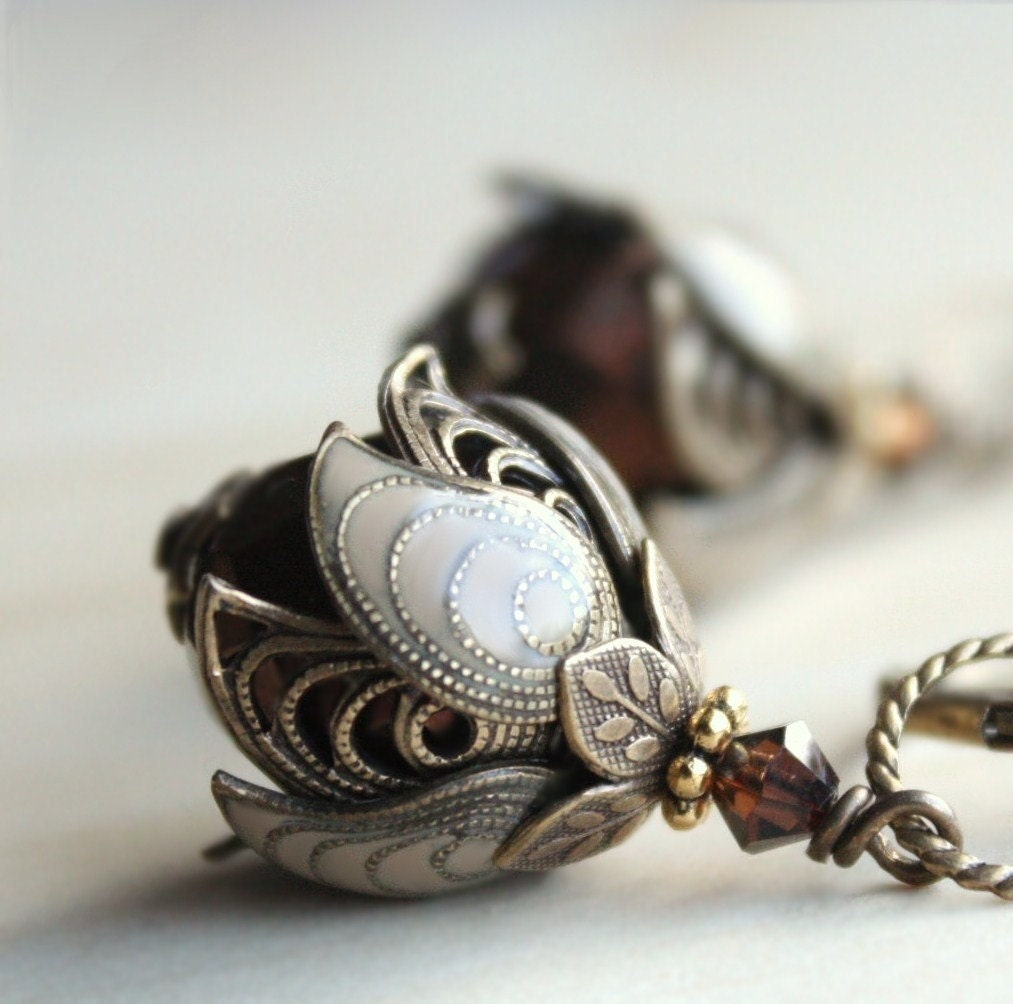 SALE Flower earrings - Autumn,Fall,brown,chestnut,tan,brass,filigree,flower,weddings,bridesmaid,swarovksi crystal,glass,bronze earrings