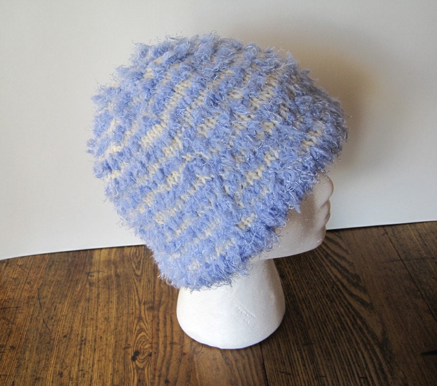 Merino Lined Hand Knit Cupcake Stripe Hat in Merino Wool and Manmade Fibers - Fleece White and Periwinkle Blue