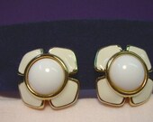 White Ivory Enamel Vintage Monet Earrings Clip On