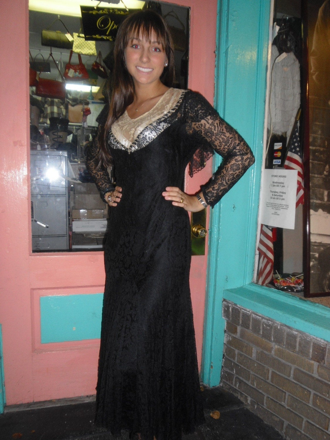 Early 1920s Flapper Dress Black & Ecru Lace Deep Illusion Neckline 36 Bust 34 waist Free U S Shipping