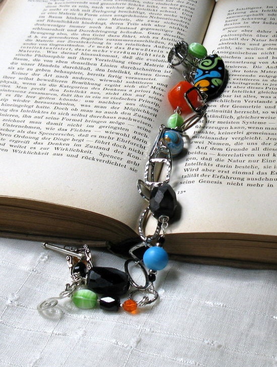 Bright Boho Lampwork Wire Wrapped Necklace / Boho Geometric Silver Chain Necklace / Multicolor and Silver Beaded Necklace