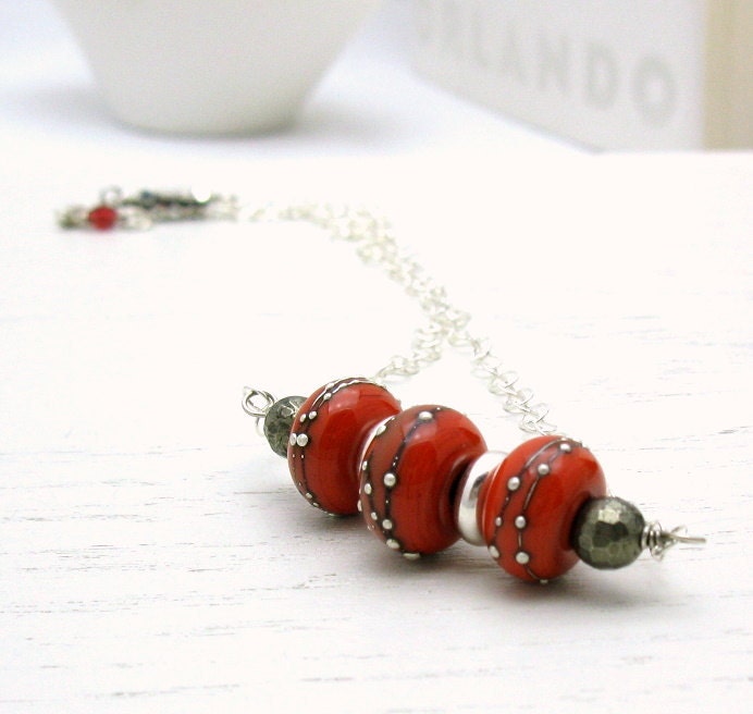 Modern Red Lampwork and Sterling Silver Necklace / Red Lampwork Pyrite Silver Necklace / Hot / Spicy / Tangerine