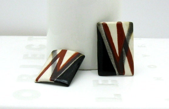 Vintage Striped Porcelain Post Earrings - Boho / Retro Geometric Tribal