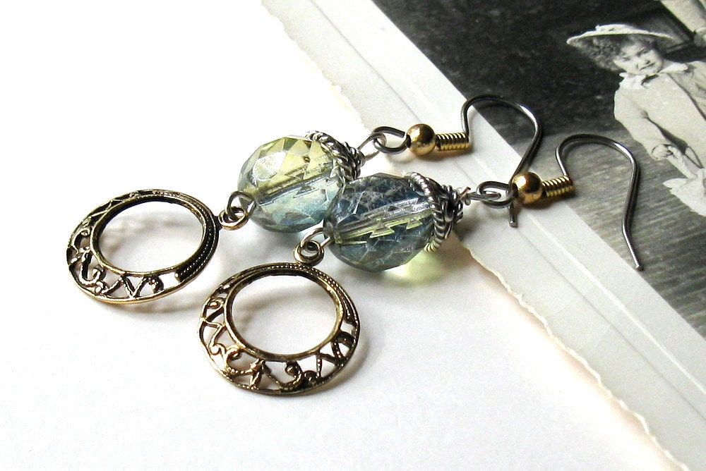 Celery Green Brass Filigree Dangle Earrings - Glory / Fresh / Garden / Teacher Gift / Pastel