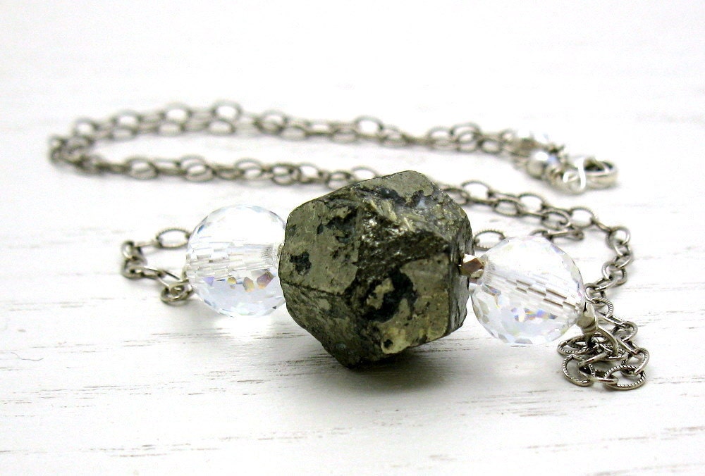 Pyrite Sterling Silver Necklace  / Organic Pyrite Wire Wrapped Necklace /  Statement / Urban / Industrial / Neutral