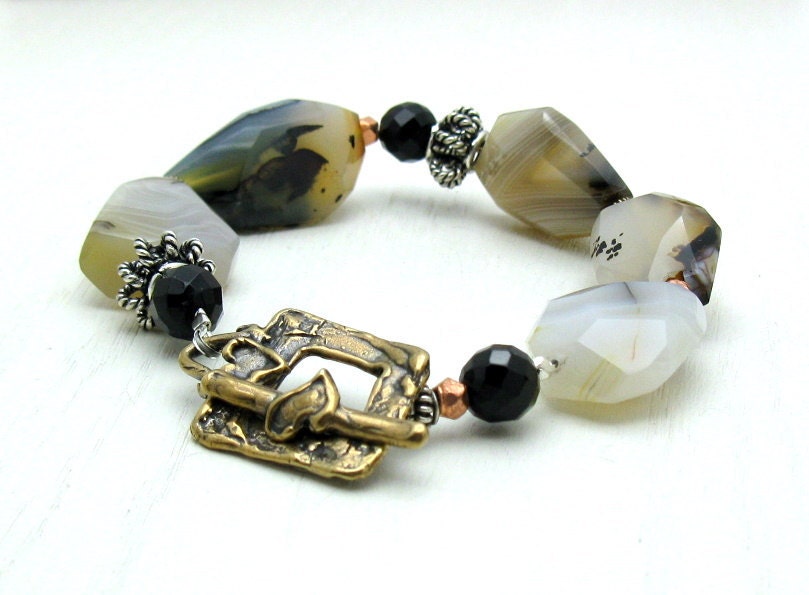 Boho Agate Sterling Silver Statement Bracelet / Organic Luxe Chunky Beaded Bracelet / Nature / Natural / Neutral / Earthy / Mixed Metals