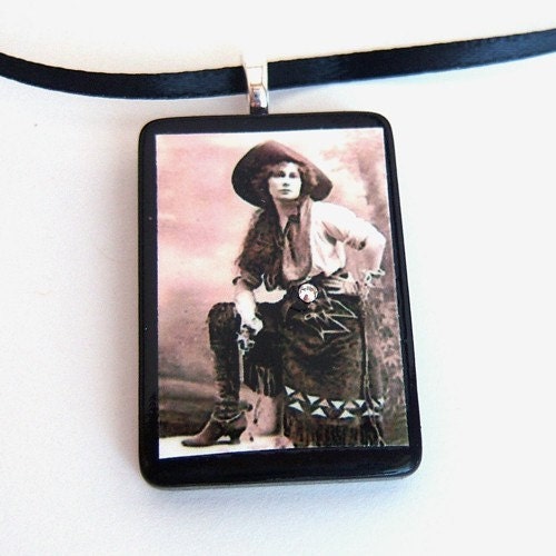 Vintage Wild West Woman  pendant necklace recycled game tile