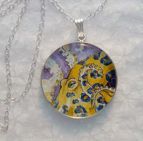 Blue Ring Octopus, sterling silver pendant, original wearable art, hand painted watercolor