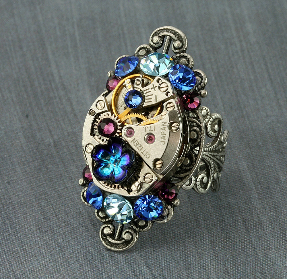 Steampunk Ring Crystal Steampunk Ring Cocktail Steampunk Watch Ring Silver Victorian Filigree Blue Aqua Purple Swarovski Crystal Gothic
