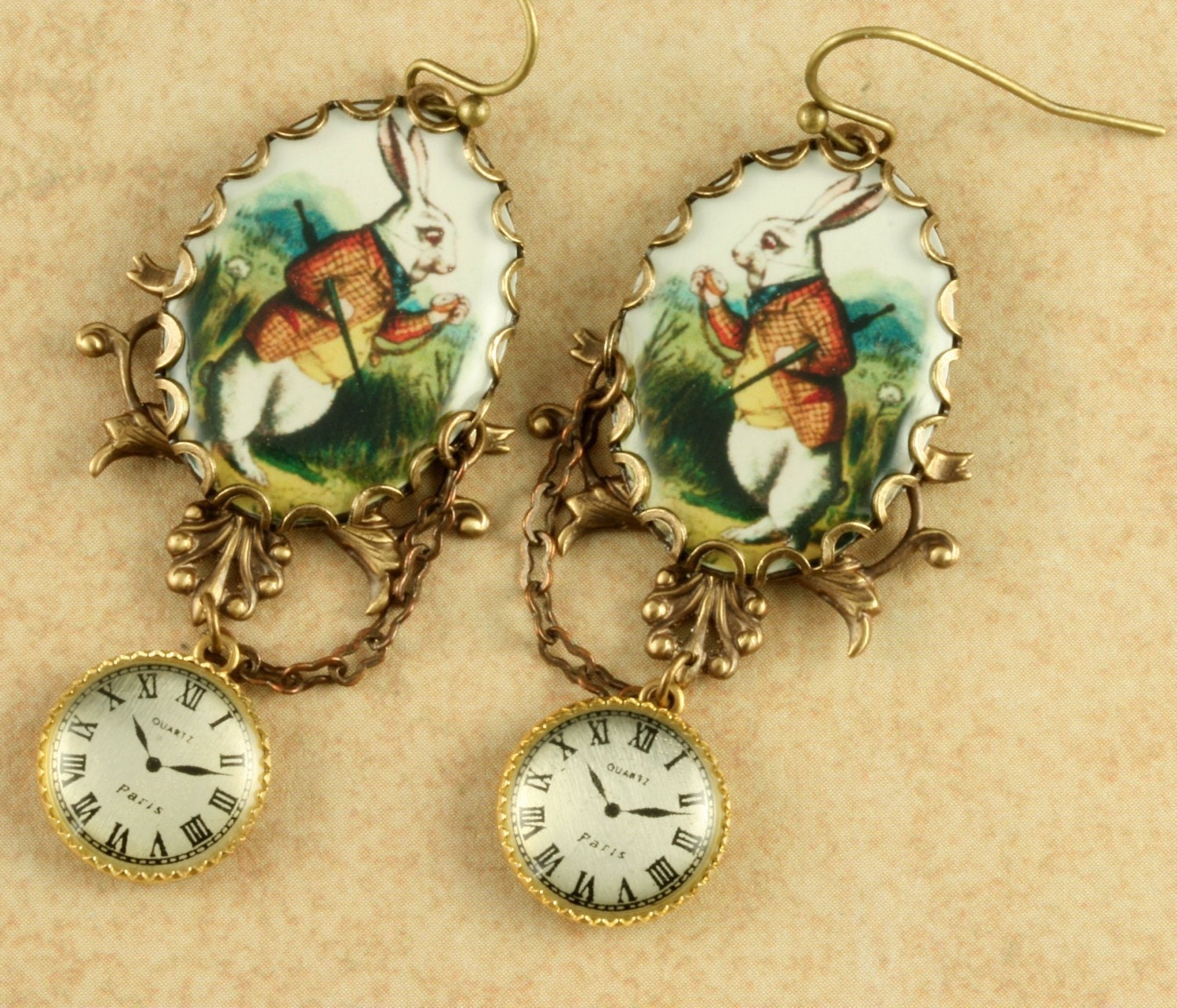 White Rabbit Earrings Alice in Wonderland Earrings Pocket Watch Earrings Brass Filigree Vintage Style Altered Art