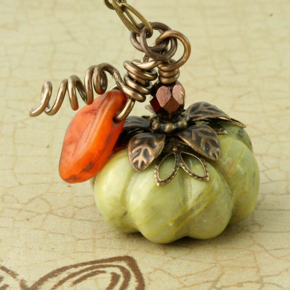 Green Pumpkin Necklace Halloween Necklace Autumn Necklace Green Pumpkin Long Brass Chain Orange Leaf Halloween Autumn Fall Woodland Rustic