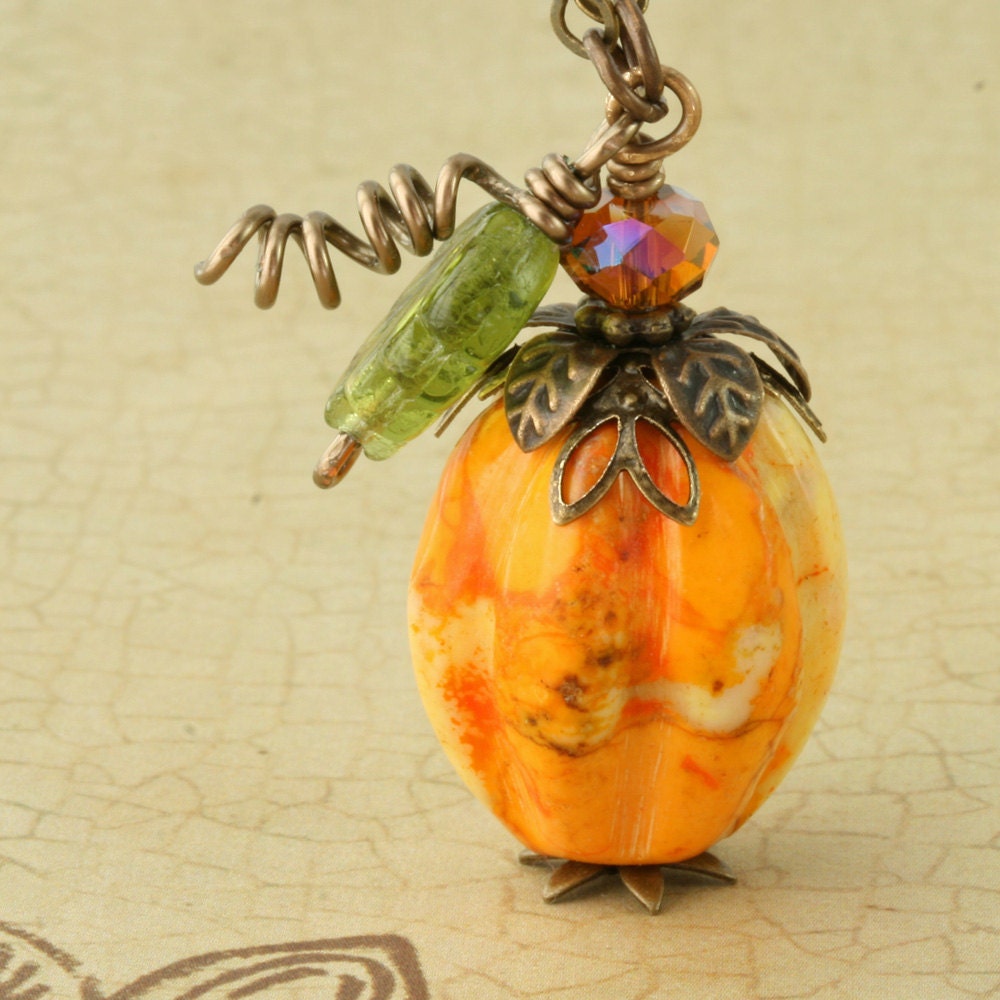 Green Pumpkin Necklace Halloween Necklace Autumn Necklace Green Pumpkin Long Brass Chain Orange Leaf Halloween Autumn Fall Woodland Rustic