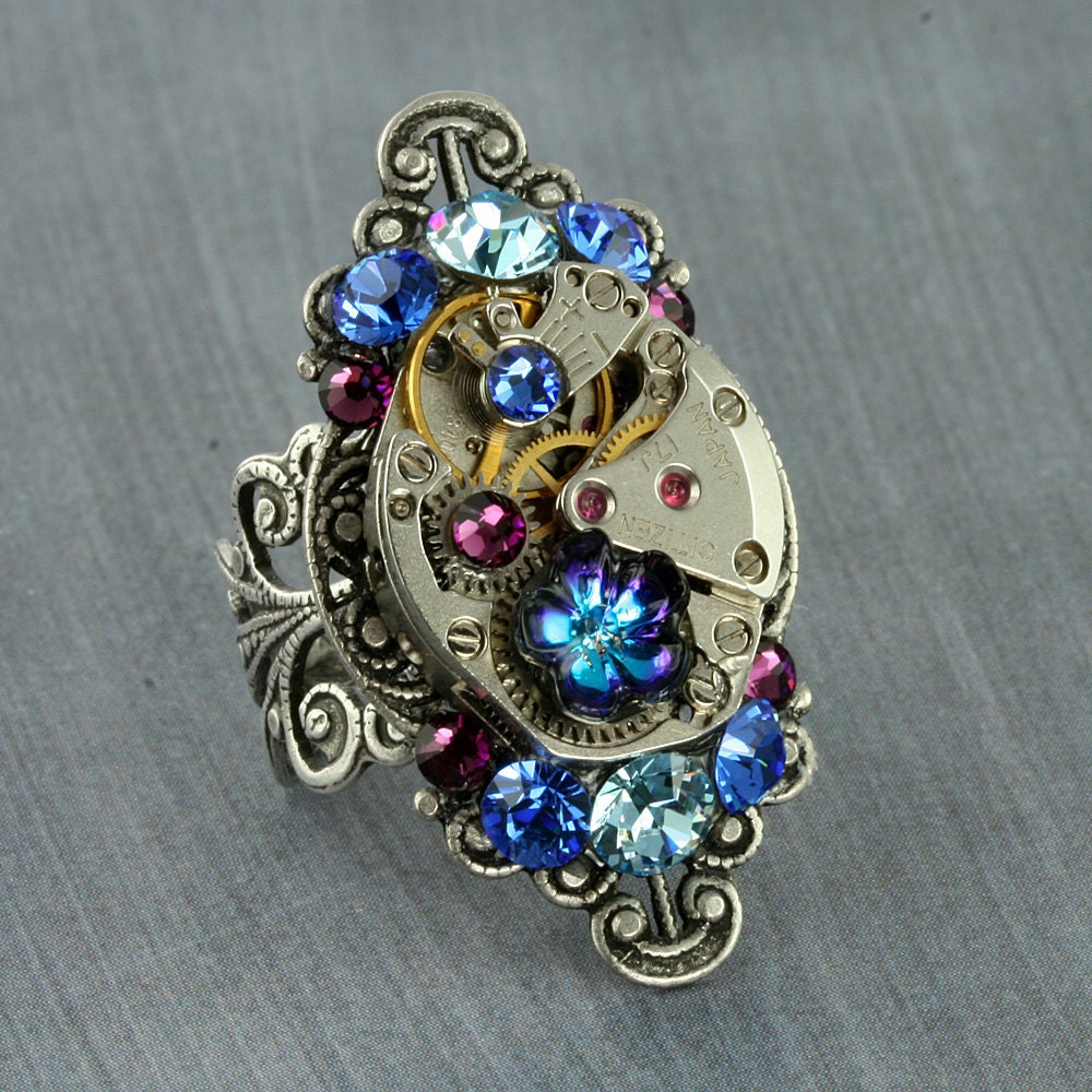 Steampunk Ring Crystal Steampunk Ring Cocktail Steampunk Watch Ring Silver Victorian Filigree Blue Aqua Purple Swarovski Crystal Gothic