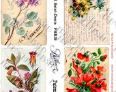 DIGITAL Collage Sheet  FLOWERS Lilacs Roses Poppies Bella Donna FRENCH Souvenir script 8x10 inches