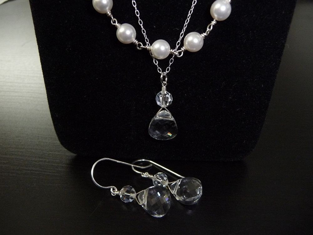 Rhinestone & Swarovski Pearl Necklace, Vintage Style, Double Strand Linked Pearls, Two Strand
