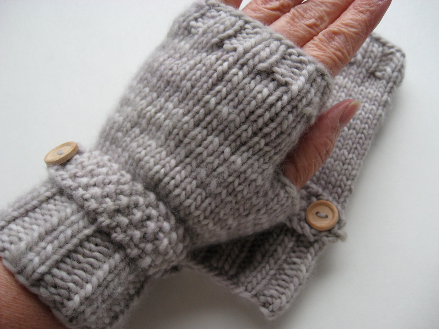 Fingerless Gloves Mittens - Merino Wool - Light Grey