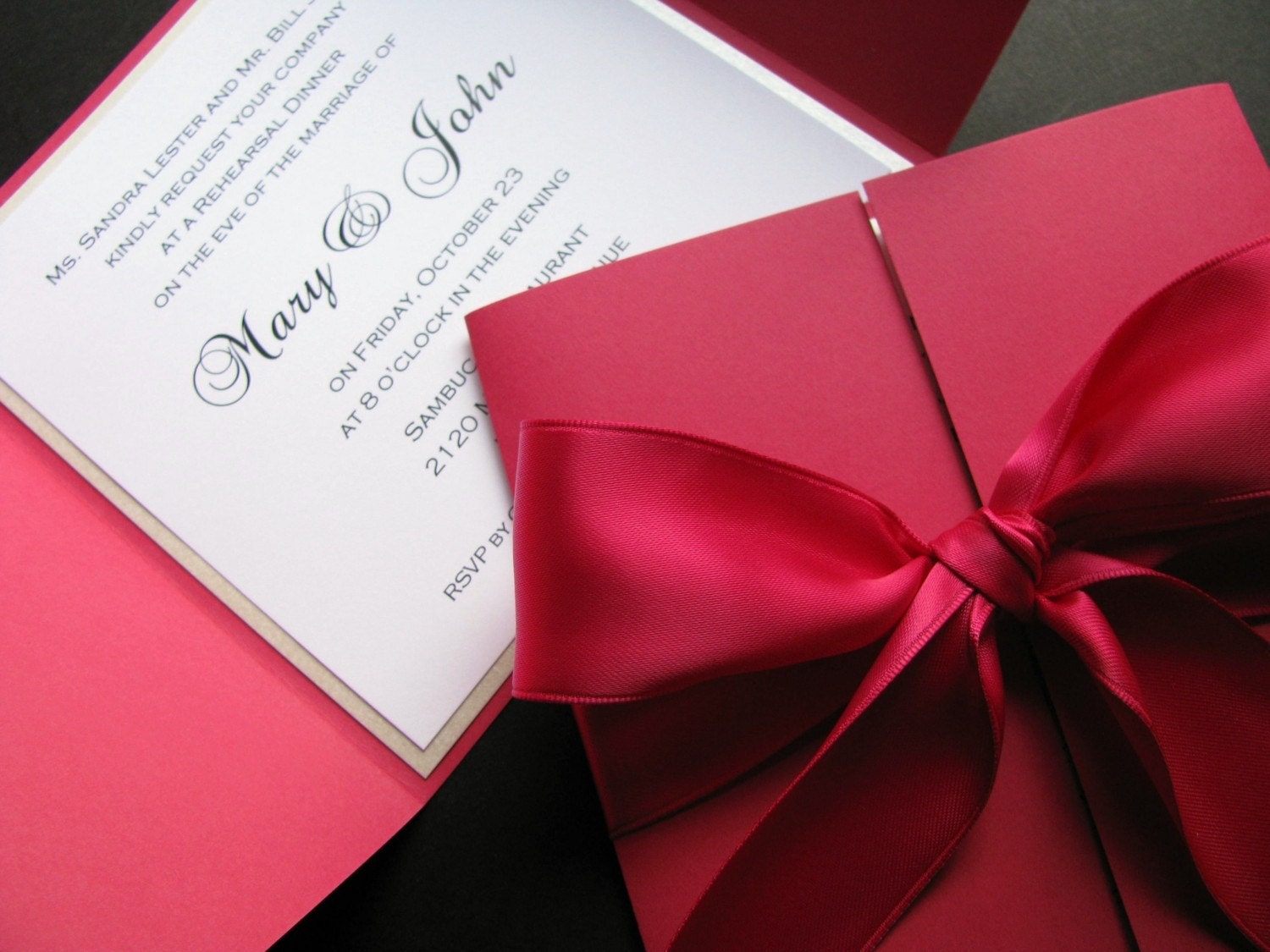 Elegant Wedding Invitation, Bifold with Bow in Your Choice of Color, Pocket Invitation - Serendipity