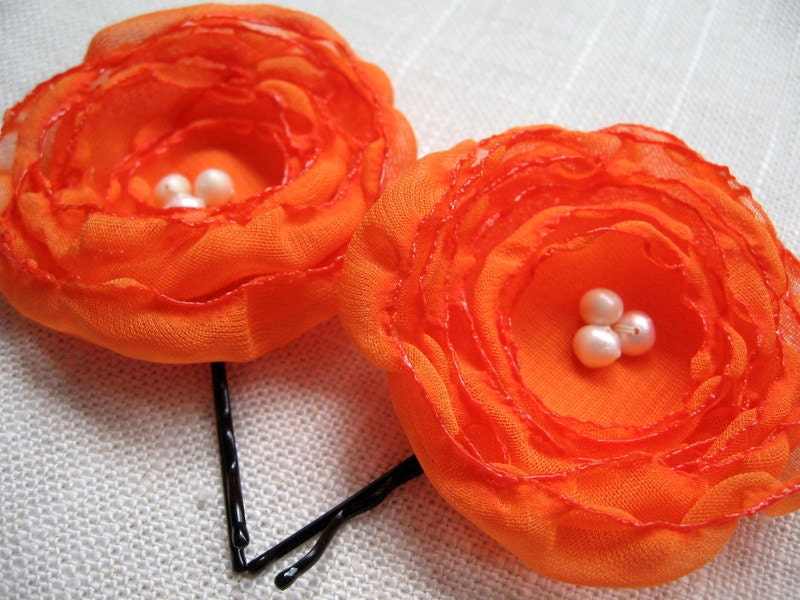 Orange Flower Hair Pins, Tangerine Chiffon Fabric, Flower Bobby Pins, Freshwater Pearls, Bridesmaid Hair Accessories