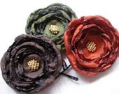 Fabric Flower Hair Pins, Satin Fabric, Rust, Brown, Olive Green, Woodland