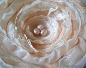 Fabric Flower Hair Clip, Ivory Lace, Champagne Chiffon and Cream Organza, Freshwater Pearls, Bridal Hair Clip