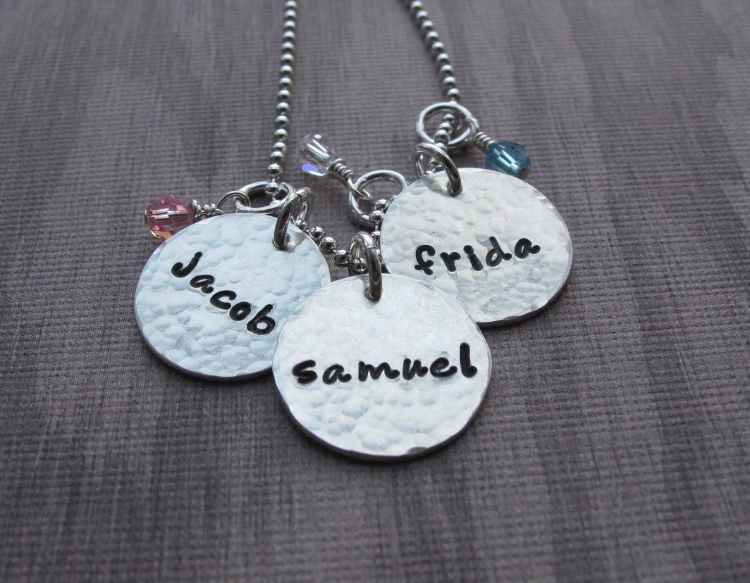 Hand Stamped Jewelry Custom Personalized Hammered Three Disc Names Necklace In The Round With Birthstones