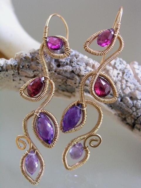Night Out...Rhodolite Garnet Amethyst Adorned Signature and Original Gold Filled Petaled Vine Earrings