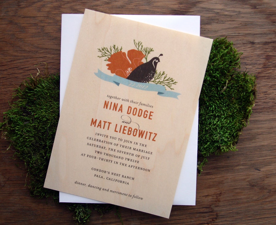 Quail & Poppy Wooden Wedding Invitation