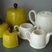 Teapot Insulated Sugar and Creamer Vintage Set White and Mustard