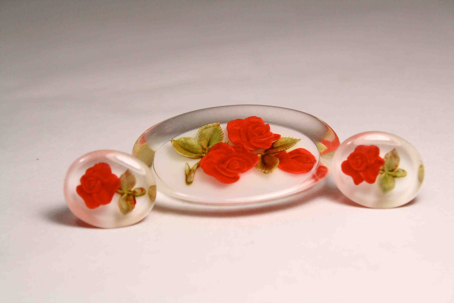 Vintage Lucite Red Rose Brooch and Earring Set
