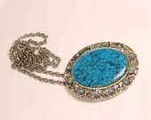 Turquoise Broach Pendant Necklace Vintage 1970s Costume Jewelry