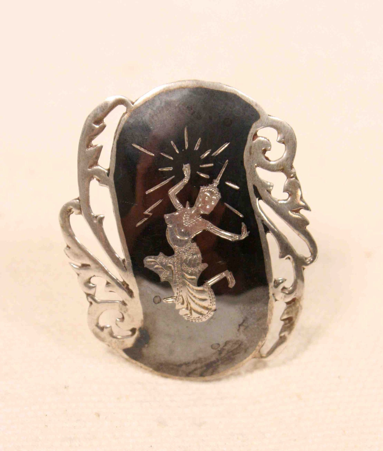 Vintage Siam Silver Temple Dancer Brooch