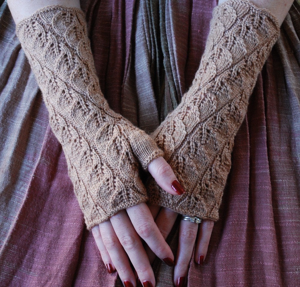 Knitting pattern PDF Spiraling Leaves Fingerless Gloves pattern