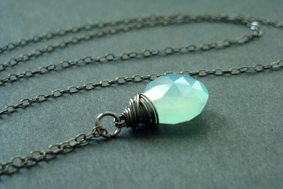 Big aqua chalcedony heart briolette necklace in black oxidized sterling silver - imperfect