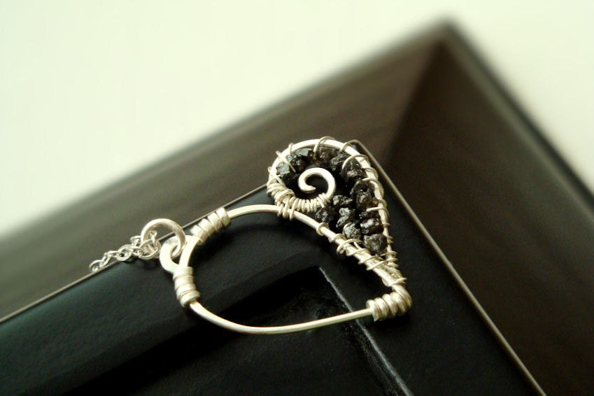 Dark Valentine rough black diamond encrusted heart necklace in sterling silver - April birthstone raw diamond pendant