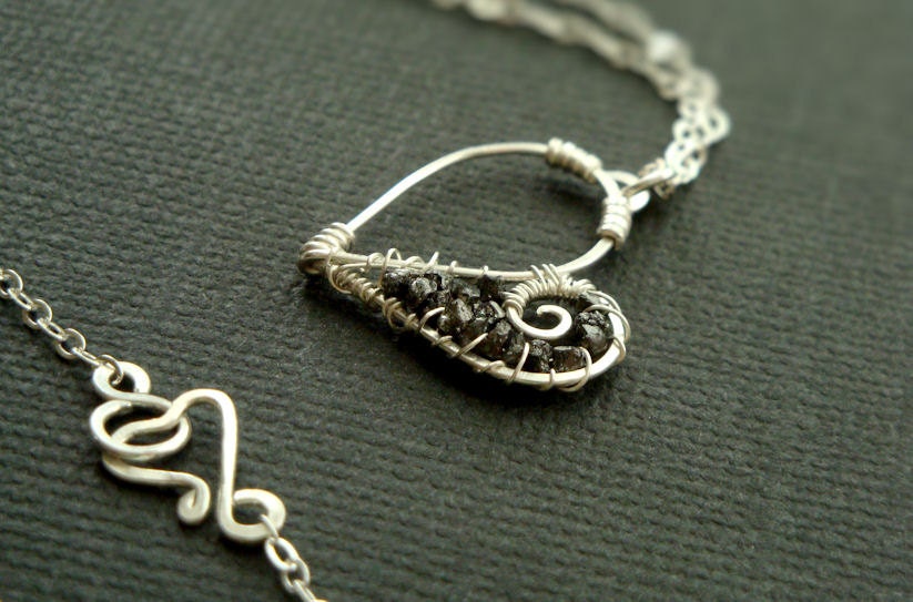 Dark Valentine rough black diamond encrusted heart necklace in sterling silver - April birthstone raw diamond pendant