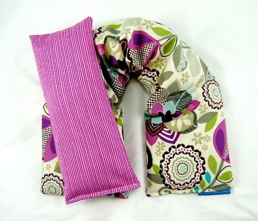 Microwavable Neck Shoulder Heat Wrap Eye Pillow Set Hot Cold Therapy Organic Flaxseed Rice Lavender Scented Purple Blooms Gift Idea For Her