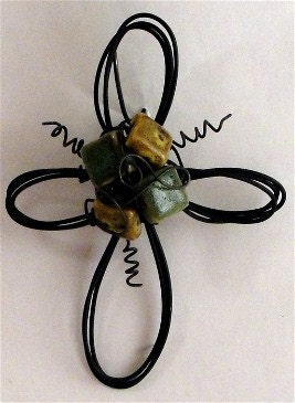 stone mustard--  wire cross ornament