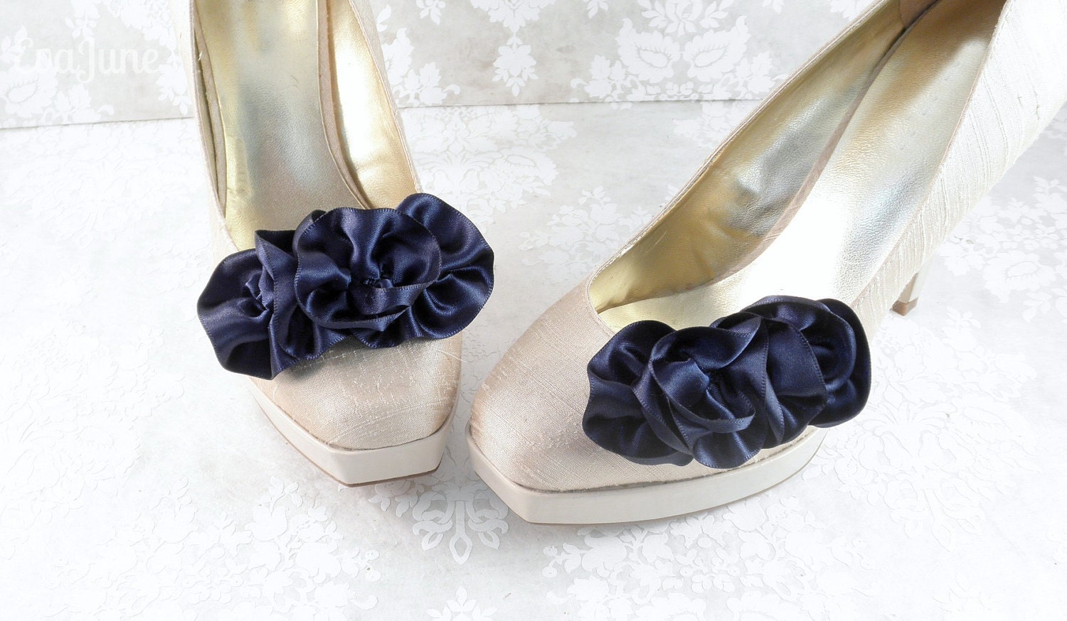 Navy Blue Shoe Clips, Evening Shoes, Handmade Bridal, Bridesmaid.