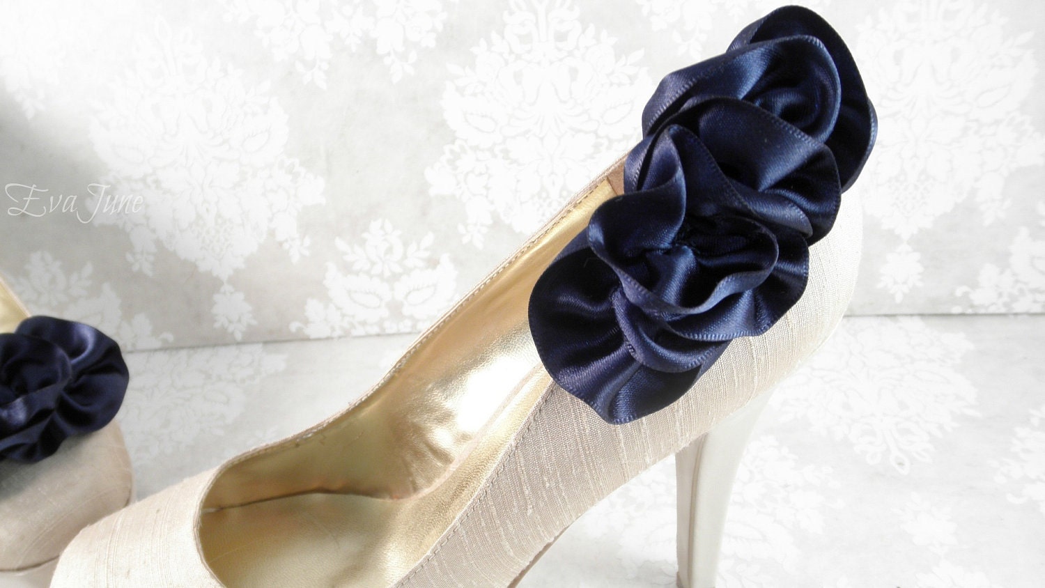 Navy Blue Shoe Clips, Evening Shoes, Handmade Bridal, Bridesmaid.