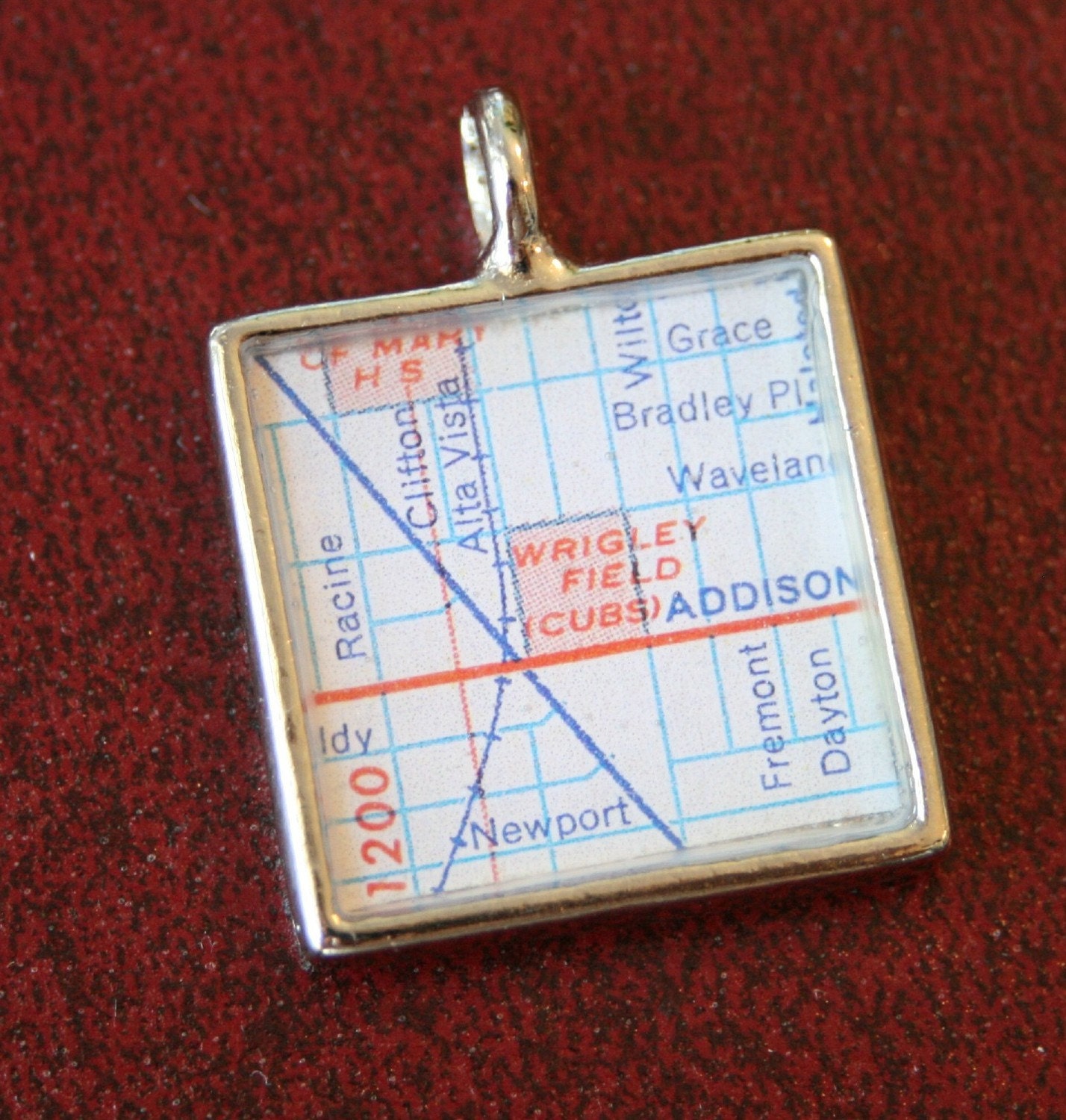 WRIGLEY FIELD (CUBS) Map Pendant, Vintage Upcycled Map