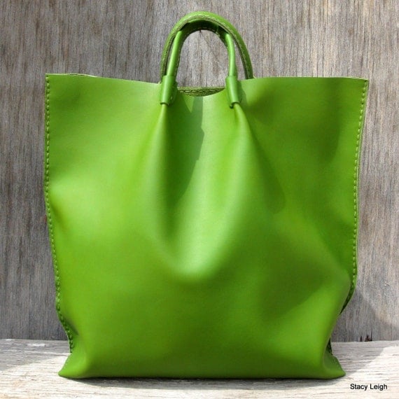 Parrot Green Leather Market Tote Bag Hand Made by Stacy Leigh Ready to Ship