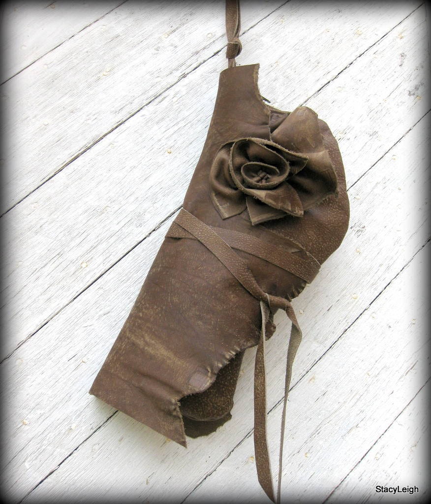 RESERVED for Sweetupgirl Distressed Olive Brown Leather Wrap Clutch with Natural Edge Rose by Stacy Leigh SALE