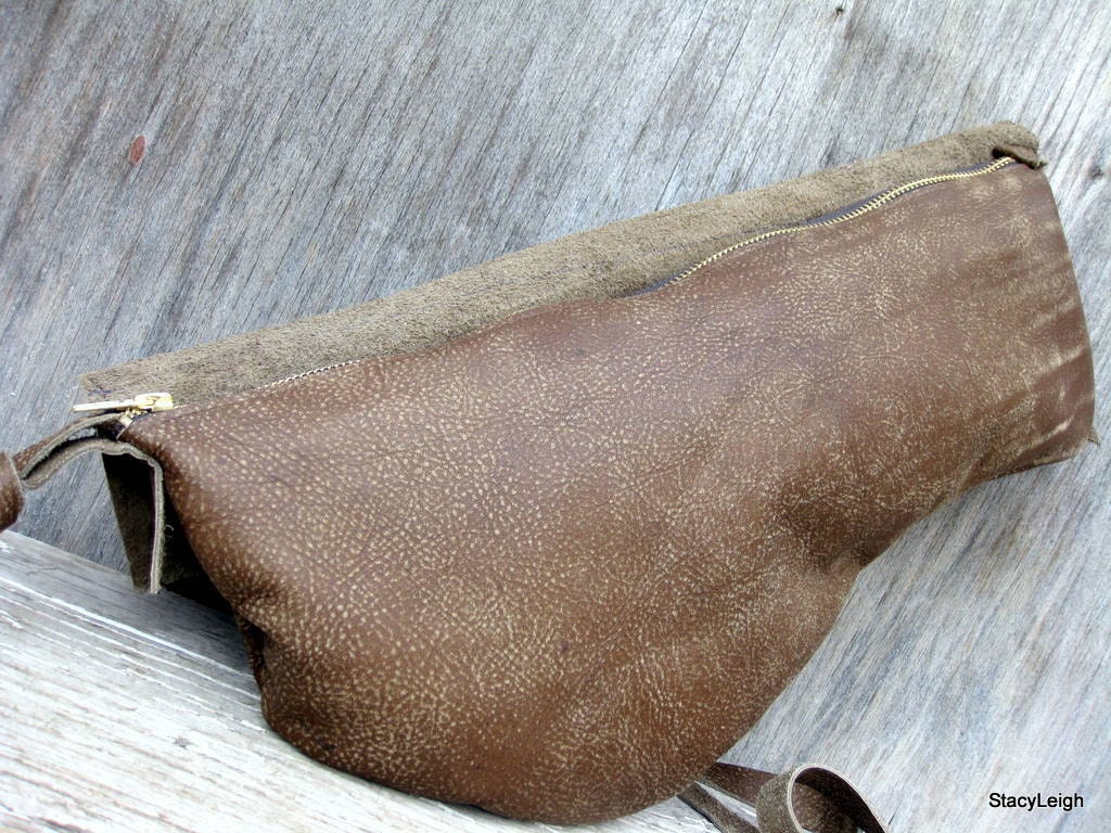 RESERVED for Sweetupgirl Distressed Olive Brown Leather Wrap Clutch with Natural Edge Rose by Stacy Leigh SALE
