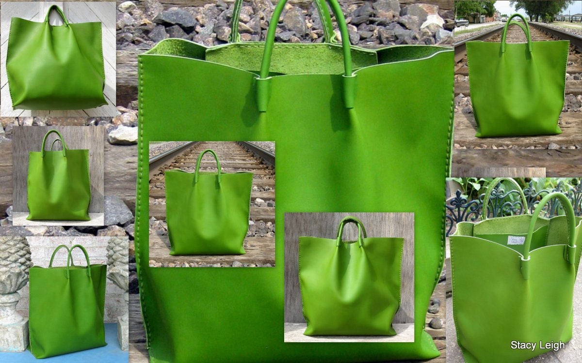 Parrot Green Leather Market Tote Bag Hand Made by Stacy Leigh Ready to Ship