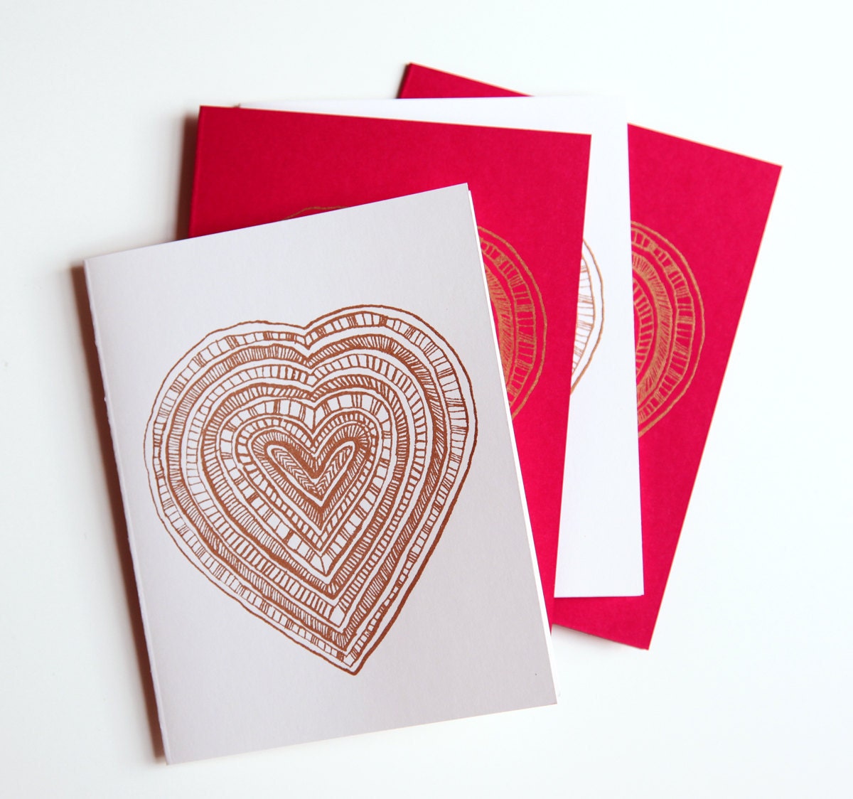 handmade love cards, screenprinted golden heart in natural and cerise (set of 4)