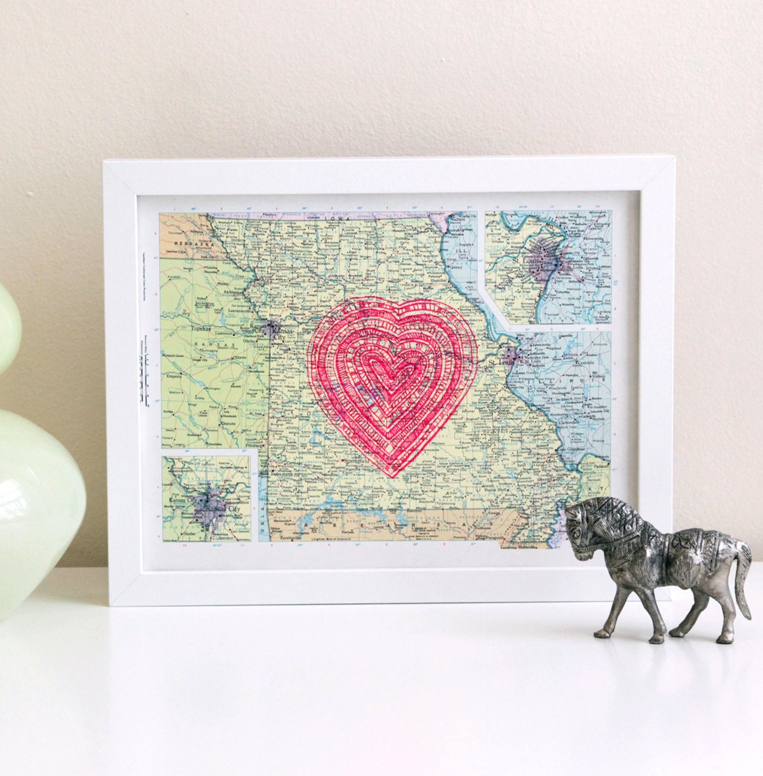 screenprinted vintage missouri map with neon pink heart, i love the midwest