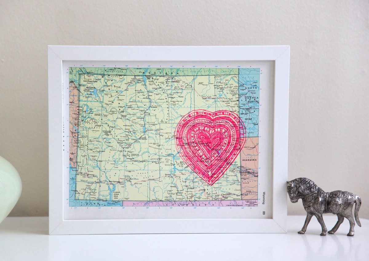 vintage map of wyoming with neon pink heart screenprint, i love the heartland