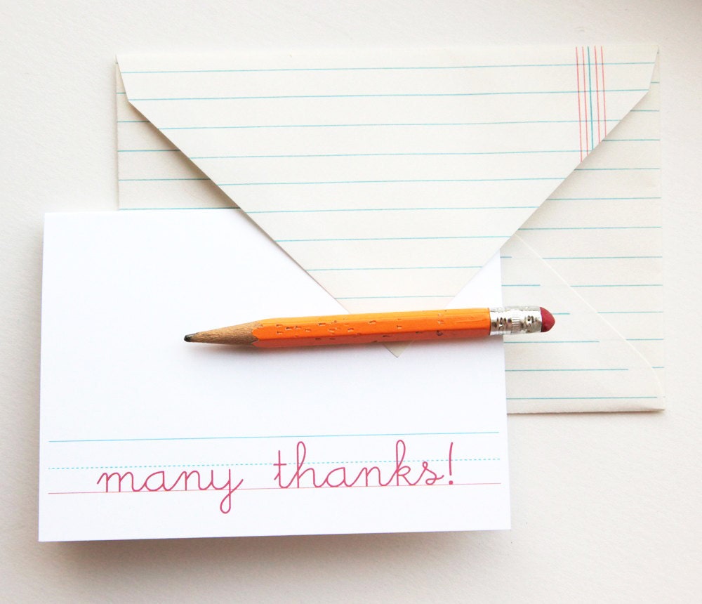 thank you cards with vintage notebook paper envelopes, primary school (set of 8)