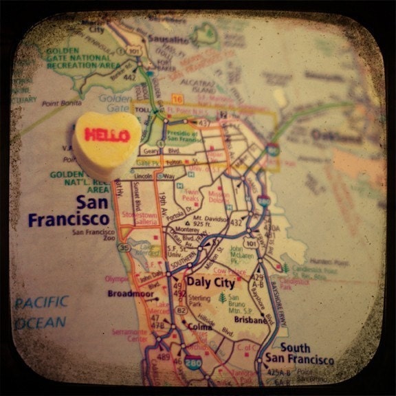 hello san francisco candy heart map art custom 5x5 ttv photo print - free shipping